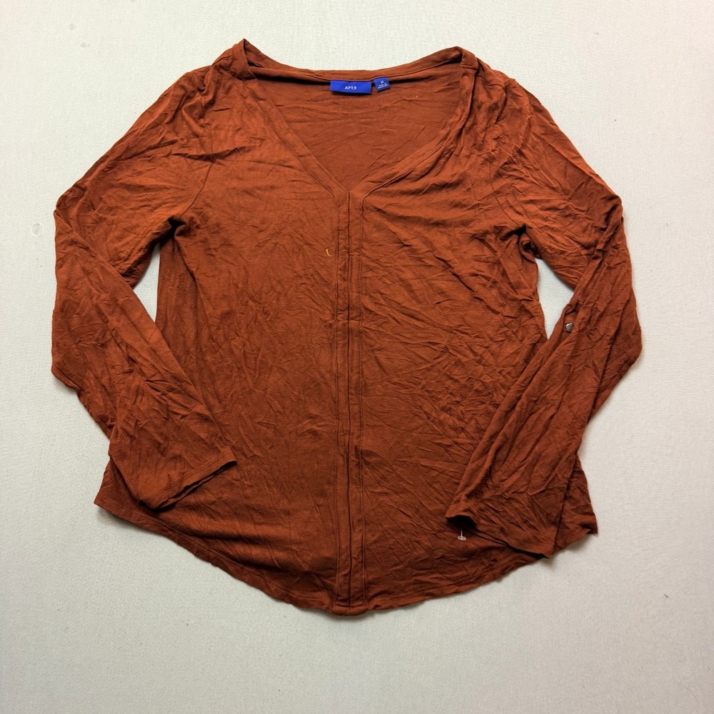 Apt. 9 V-Neck Top Women Medium Rust Orange Excellent Roll Tab Long Sleeve Seam